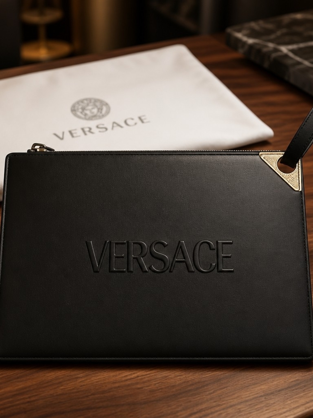 Versace Black Neoprene Zip Pouch Wristlet Purse Bag Clutch Travel Waterproof